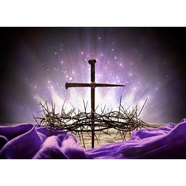 Imagem de Loccor Tecido 2,1 x 1,5 m Crucificação de Jesus Pano de Fundo Coroa de Espinhos Cruz Unhas Luz Santa Fundo Fotografia Roxo Banner Religioso de Páscoa Igreja Cristã Eventos Decoração de Festa Adereços para Cabine de Fotos