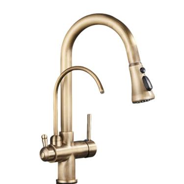 Imagem de Torneira de cozinha com filtro de latão antigo, alças giratórias, misturador filtrado, água pura para cozinha, guindaste, latão antigo A