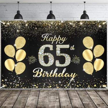 Imagem de JOYKY Faixa de feliz aniversário de 65 anos, decorações de festa de aniversário de 65 anos de ouro para mulheres dela, decoração de pano de fundo de suprimentos de aniversário de 65 anos, 15 x 3,8 pés