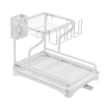 Imagem de ＫＬＫＣＭＳ Escorredor de pratos para balcão de cozinha, organizador de escorredor de pratos, 2 camadas, à prova de ferrugem, bica giratória de 360 graus, Branco