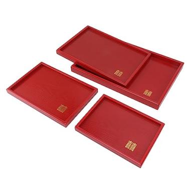 Imagem de Conjunto de 4 Bandejas de Servir, Bandeja de Lanche Estilo Chinês, Bandeja de Madeira, Bandeja Retangular de Madeira, Prato de Servir para Pratos, café ou chá, Vermelho (Quadrado)