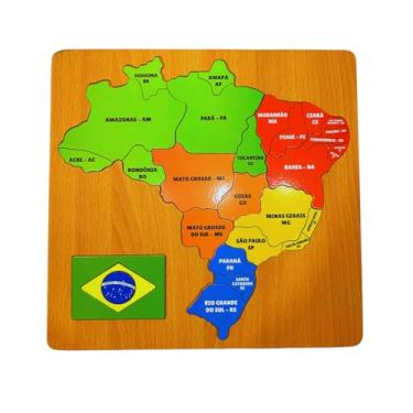 Imagem de Quebra-Cabeça Educativo Mapa do Brasil em Madeira, Estados e Regiões Coloridos