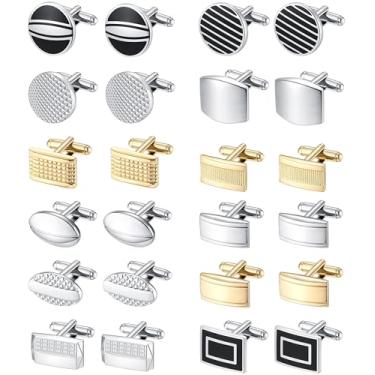 Imagem de SONNYX 12 pares de abotoaduras masculinas em tom clássico prata preto listrado disco quadrado retângulo abotoaduras camisa terno abotoaduras masculinas para casamento noivo negócios, Metal, Zircônia