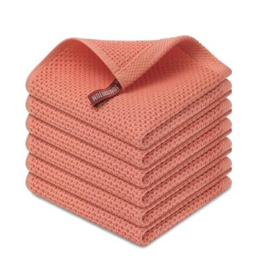 Imagem de Pano de prato Kitinjoy 100% algodão, kit com 6 unidades, tecido waffle, ultramacio e absorvente, secagem rápida, 30,5 x 30,5 cm, coral