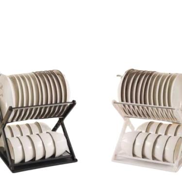 Imagem de Escorredor de Louça Duplo em Plástico, Preto, com Suporte para Pratos e Talheres