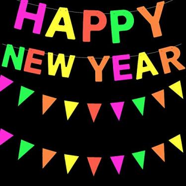 Imagem de Iceyyyy Faixa de guirlanda de luz negra neon feliz ano novo decorações penduradas, UV reativo que brilha no escuro 2025 suprimentos para festa de ano novo