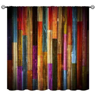 Imagem de Cortinas rústicas para porta de celeiro, cortinas coloridas com padrão de textura campestre de madeira ocidental para janela com 2 painéis para decoração de quarto sala de estar 104 cm L x 113 cm C