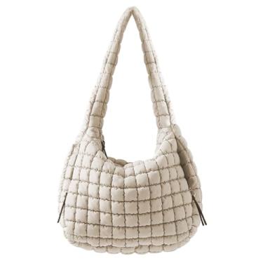 Imagem de LaurelTree Bolsa tiracolo acolchoada acolchoada de nylon leve bolsa de ombro inchada bolsas Hobo para mulheres, Off-white, Medium