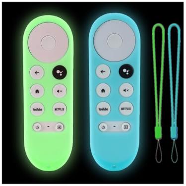 Imagem de Pacote com 2 capas para controle remoto Gavyqier compatível com Chromecast 2020 com controle remoto por voz do Google TV, à prova de choque, brilha no escuro, verde e azul celeste brilhante