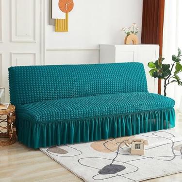 Imagem de Capa de futon sem braços com saia de babados, sofá-cama futon altamente elástica(Blue,Small (120-145cm))