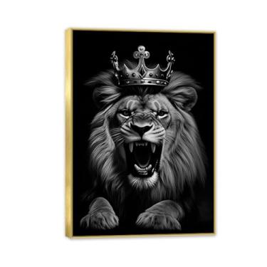 Imagem de SDYJ6GSW Arte de parede com estampa de leão animal coroa dourada quarto arte feroz leão leoa decoração de quarto 55 x 40 cm (22 x 16 pol) moldura dourada