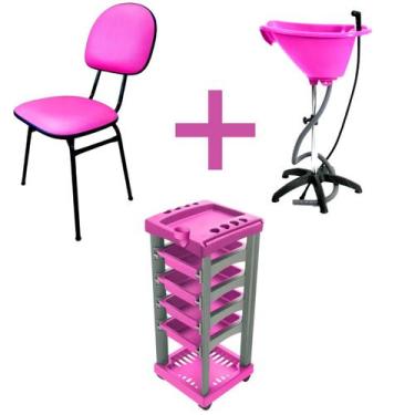 Imagem de kit salão rosa carrinho + lavatório portátil + cadeira fixa - SANTA CL