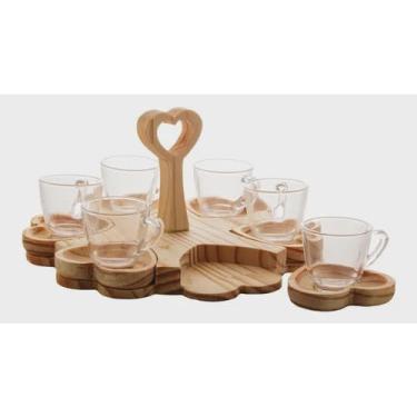 Imagem de Jogo 6 Xícaras Café 75ml com Pires Coração e Suporte Madeira