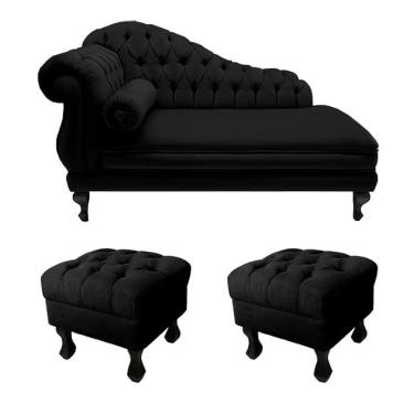 Imagem de Recamier Divã Namoradeira Larissa 150cm + 2 Puffs Retrô Suede Preto - lm decor