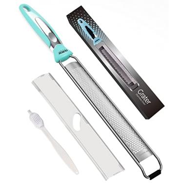 Imagem de Ralador de queijo parmesão, Ourokhome de aço inoxidável para coco, cítrico, lima, gengibre, alho, noz-moscada, chocolate, legumes, frutas com escova de limpeza, lavável na lava-louças, azul