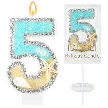Imagem de IDIJOLI Vela de aniversário de praia, estrela-do-mar, número 5 velas, 5º bolo, azul, enfeite de bolo de aniversário, decorações de cupcake, decoração de festa, aniversário, celebrações, suprimentos