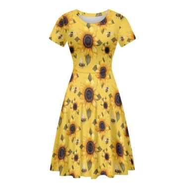 Imagem de KiuLoam Vestido feminino midi de verão manga curta gola redonda vestido evasê festa elegante vestidos casuais plus size P-4GG, Abelha com desenho de girassol amarelo, GG