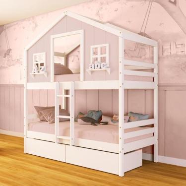 Imagem de Beliche Casinha Dos Sonhos Com 02 Gavetas Madeira Maciça Rosa/ Branco Megamobilia