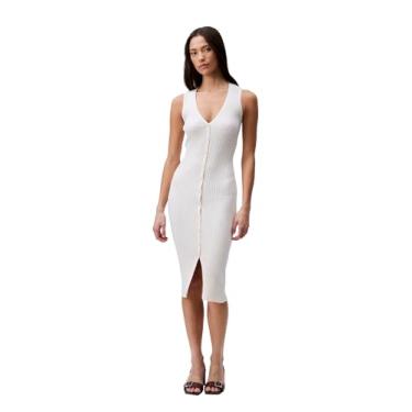 Imagem de Calvin Klein Vestido polo feminino de algodão canelado com decote em V, Branco antigo, PP