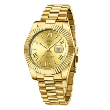 Imagem de NIBOSI Relógio masculino analógico, quartzo, aço inoxidável, ouro rosa, prata, à prova d'água, negócios, design clássico, com data, C03 - todo dourado