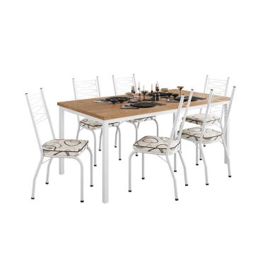 Imagem de Conjunto de Mesa Retangular com Tampo de MDP Amadeirado e 6 Cadeiras Adriana I Revestimento Sintético Cedro e Branco