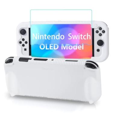 Imagem de Teyomi Capa De Silicone Para Nintendo Switch Oled Com 2 Compartimentos Cartões Jogo, [Adequada Crianças] Protetora À Prova Choque, Protetor Tela Vidro Temperado, Pega Ergonômica Oled, Branca