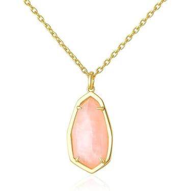 Imagem de G&GEMSJEW Colar de quartzo rosa irregular em gota natural | Colar de cristal rosa natural facetado de 7,5 x 15 mm | Latão banhado a ouro 18K | Presentes de aniversário e aniversário para ela, Banhado