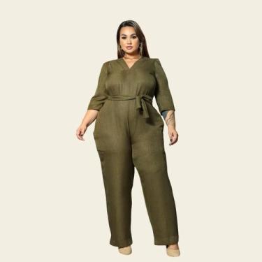 Imagem de Macacão Plus Size Longo Linho Festa Elegante Lia Rosa, Verde, Musgo, G