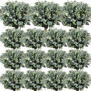 Imagem de Janinka Folhas mistas de eucalipto, caules a granel com sementes brancas, folhas artificiais prateadas, folhas de dólar, sprays ovais artificiais para guirlandas, buquês florais, arranjos de decoração