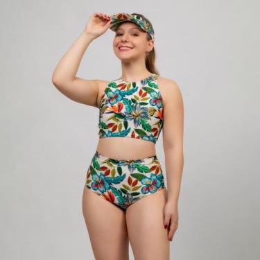 Imagem de Biquíni Top Cropped com Bojo + Calcinha Hot Pant Estampado Uv Praia Pi