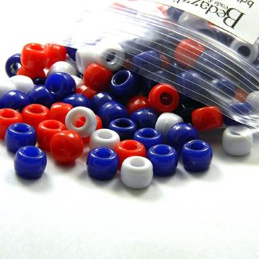Imagem de 300 contas de pônei de plástico opaco vermelho branco e azul 9 mm x 6 mm acrílico EUA buraco grande