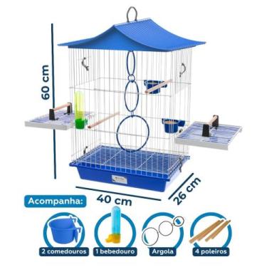 Imagem de Gaiola para Calopsita e Pássaros Domésticos com poleiro laterais Teto 
