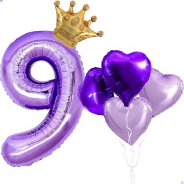 Imagem de Balão grande de coroa roxa número 9 de 101,6 cm para decorações de festa de aniversário, balões de alumínio Mylar de 9 anos para decorações de aniversário roxas, suprimentos, lembrancinhas de festa