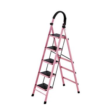 Imagem de Escada De 5 Degraus, Aço Resistente, Dobrável, Portátil Com Tapete Antiderrapante Multicolou Fácil De Guardar E Fácil De Transportar, White, Rose gold