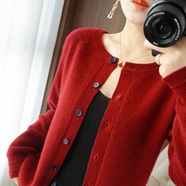 Imagem de Novo casaco 100% cashmere puro gola redonda feminina jacquard malha grossa cashmere top outono e inverno casaco suéter (Color : Red, Size : Large)