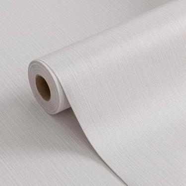 Imagem de FUKU MON Papel de parede texturizado branco cinza 59,9 cm x 998,2 cm papel de parede de contato de linho rolo de filme de vinil autoadesivo para armários quarto decoração de parede