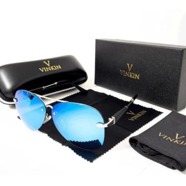 Imagem de Vinkin Óculos de Sol Aviador, Polarizado UV400, Armação Metálica, 14,8 cm x 5,3 cm, Com Estojo (Azul)