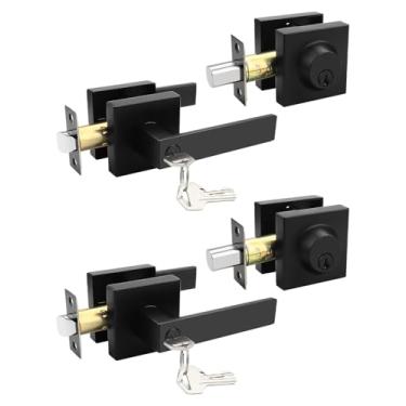 Imagem de Tinewa Alavancas de porta dianteira/externa com chave quadrada com fechadura de cilindro único, conjuntos de fechadura de maçaneta de porta de entrada preta plana com conjuntos de combinação de