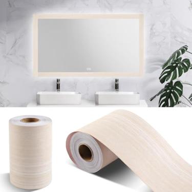 Imagem de Rindion Borda de papel de parede bege de grão de madeira de 1,4 m, borda removível à prova d'água para moldura de espelho, adesivo autoadesivo para espelho de cozinha e banheiro (9,94 cm x 45,9 pés)