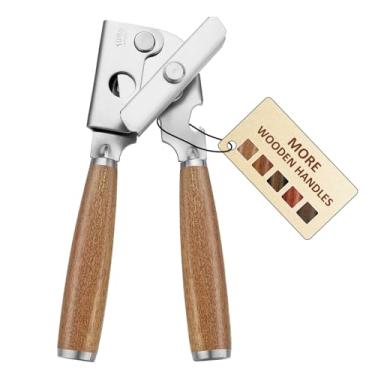Imagem de Abridor de latas manual eficiente atualizado - cabo de madeira maciça selecionado, borda de lâmina afiada e lisa, design portátil, botão grande de fácil abertura, versátil para várias tampas de