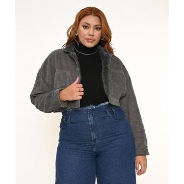 Imagem de Jaqueta Feminina Veludo Cropped Plus Cinza com Pelo Razon Jeans, G2