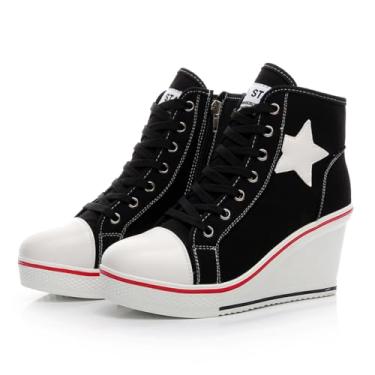 Imagem de Mei MACLEOD Tênis de salto alto feminino casual com cadarço de lona para mulheres, plataforma, plataforma, botas de tornozelo, Preto, 39