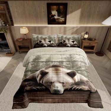 Imagem de Feelyou Jogo de cama queen com urso, cabana de caça, animais selvagens, para decoração de quarto de crianças, meninos e adolescentes, capa de edredom rústica ocidental, verde e marrom