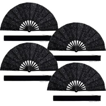 Imagem de GUBEARE 4 peças de leque dobrável grande com glitter - Ventilador de mão para dançar em linha, fãs de clacking para botas no chão, dança, festa, EDM, casamento, ao ar livre, decoração (glitter preto)