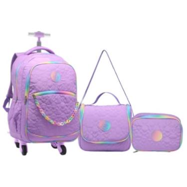 Imagem de Kit Mochila 20” Escolar Juvenil Estampa Coração 4 Rodinhas 360° Feminino Com Lancheira Térmica E Estojo (LILÁS)