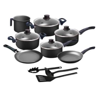 Imagem de Jogo de Panelas 10 Peças Preto Antiaderente c/ Tampa de Vidro e Utensí