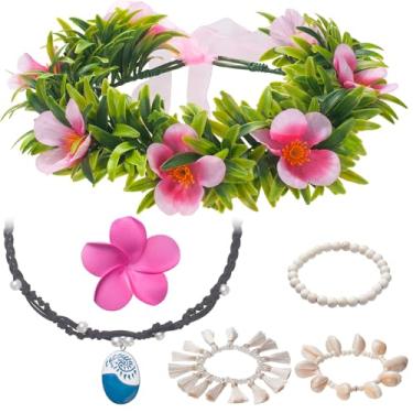 Imagem de GHGMAO Acessórios de fantasia de princesa, flores havaianas, faixa de cabeça, clipes de flores, colar, boho, concha, tornozeleira, lembrancinhas de festa de Halloween, acessórios de vestir