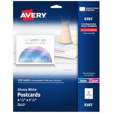 Imagem de Avery 8383 Cartões postais brilhantes de foto para impressoras a jato de tinta, 11,5 x 14,5 cm, branco (pacote com 100)