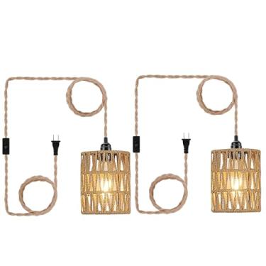 Imagem de EcoGehen 2 lâmpadas pendentes de plugue boho, luz de suspensão com cabo de plugue lâmpada de teto de vime lâmpada cilíndrica persiana interruptor liga/desliga prateleiras de prateleira de plantas