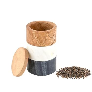 Imagem de Cruiser's Caché | Conjunto empilhável de saleiro de mármore com tampa de madeira | Um de cada branco, cinza e marrom | Para sais, pimenta, especiarias e temperos gourmet, conjunto empilhável de 3